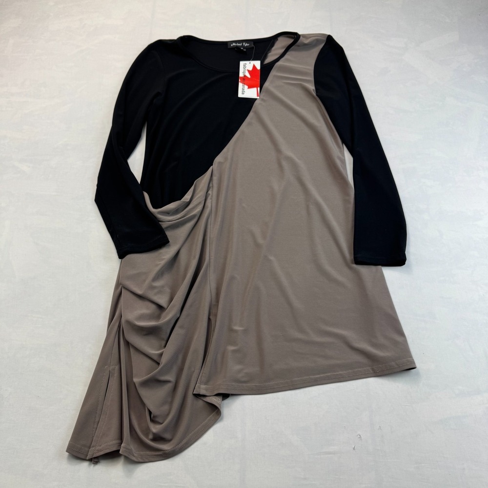 Michael Tyler Tunic Dress Womens Small Taupe Black Colorblock Asymmetrical Hem
